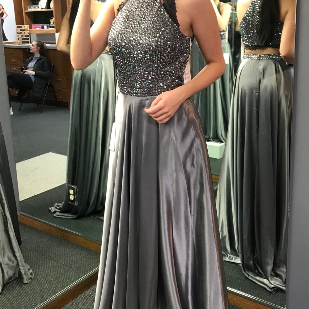 Sherri Hill Silver Beaded Halter Prom Dress - Picture 6 of 10